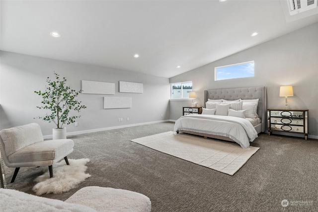 bedroom featuring dark carpet and lofted ceiling