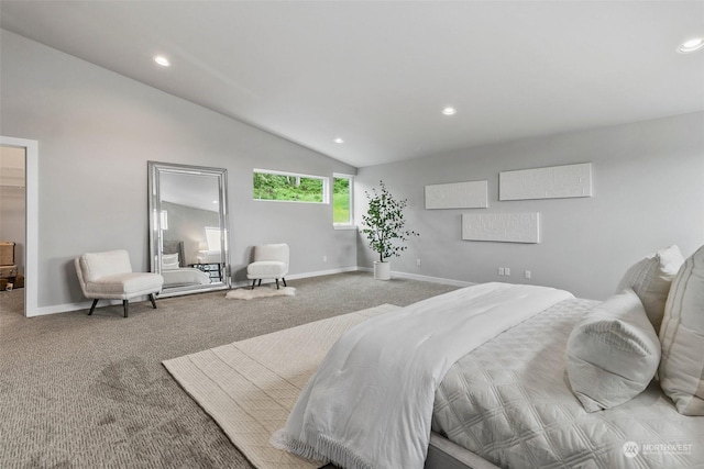 carpeted bedroom featuring a walk in closet and lofted ceiling