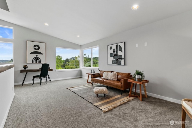 living room featuring carpet and lofted ceiling