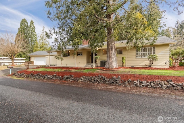 ranch-style house featuring crawl space, a detached garage, and central AC