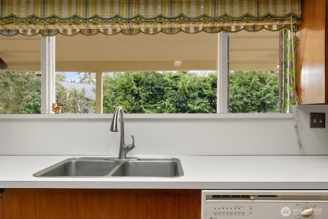 room details with dishwashing machine, light countertops, and a sink