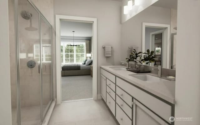 ensuite bathroom featuring a sink, a shower stall, ensuite bath, and double vanity