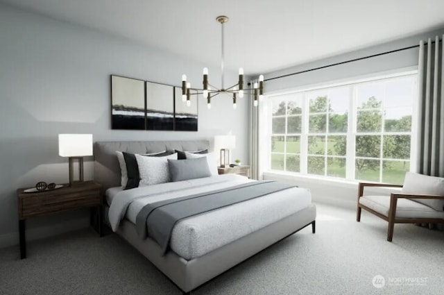 carpeted bedroom with a chandelier