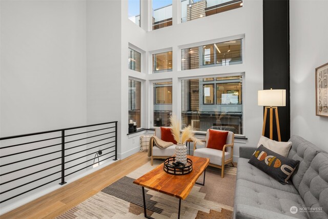 living room featuring a towering ceiling and hardwood / wood-style flooring