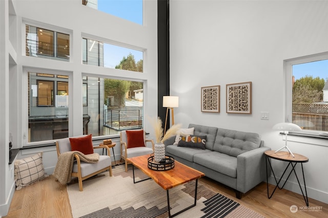 living room featuring light hardwood / wood-style floors, a towering ceiling, and a wealth of natural light