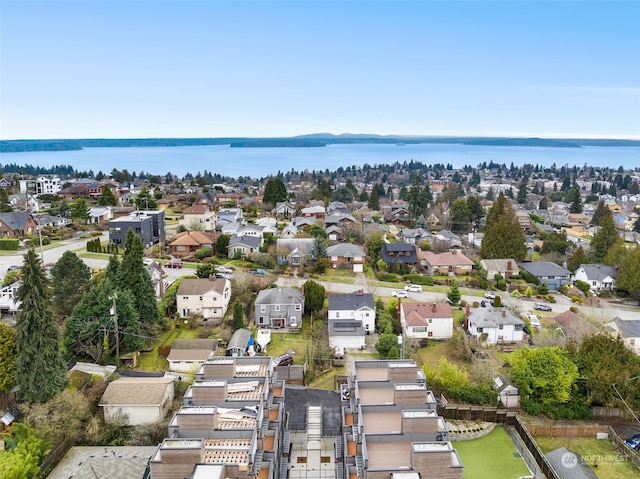 drone / aerial view featuring a water view