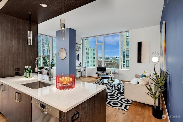 kitchen with sink, light hardwood / wood-style flooring, stainless steel dishwasher, hanging light fixtures, and plenty of natural light