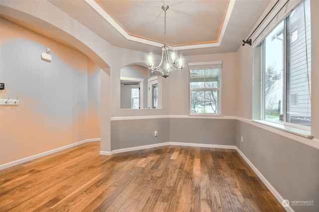 empty room with hardwood / wood-style flooring, a healthy amount of sunlight, a raised ceiling, and a notable chandelier