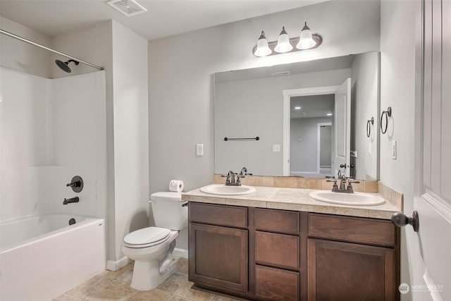 full bathroom with toilet, tile patterned flooring, shower / bathtub combination, and vanity