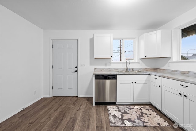 kitchen with white cabinetry, sink, stainless steel dishwasher, and dark hardwood / wood-style floors