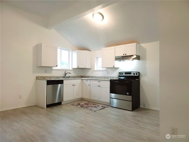 kitchen featuring light stone countertops, stainless steel appliances, lofted ceiling with beams, light hardwood / wood-style floors, and white cabinets