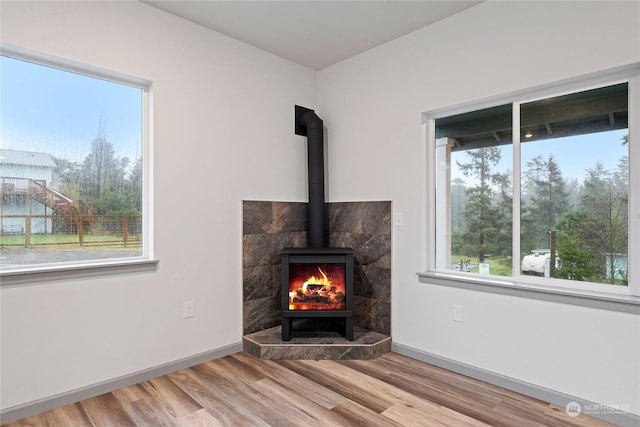 interior space featuring a wood stove and hardwood / wood-style floors