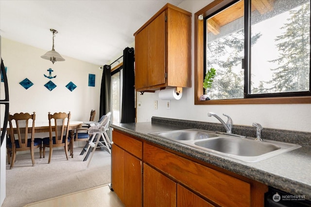 kitchen with light carpet, sink, and hanging light fixtures