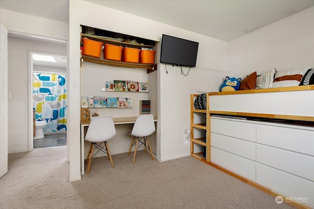 bedroom featuring light carpet