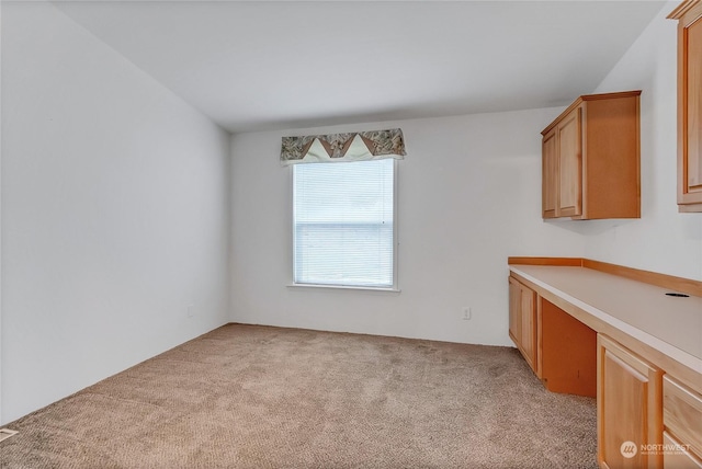 spare room featuring light colored carpet and built in desk