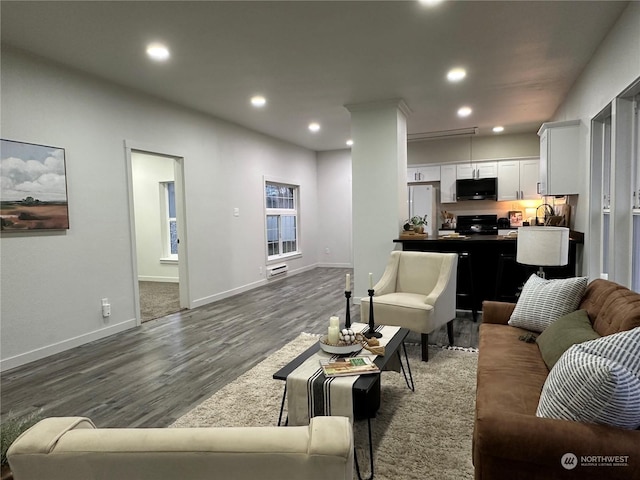 living room with dark hardwood / wood-style flooring