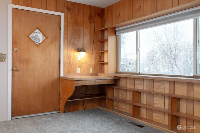 interior space featuring carpet flooring and wooden walls