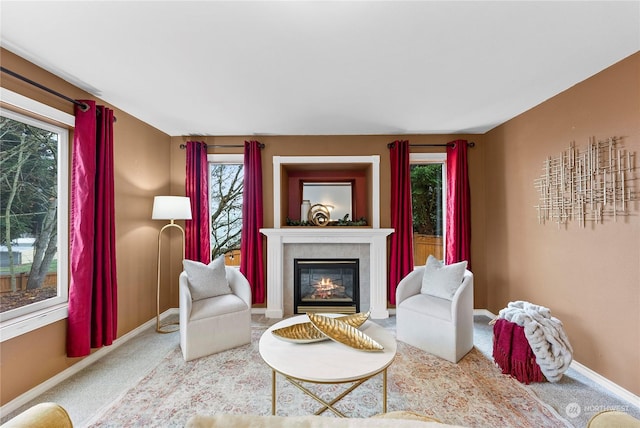 carpeted living room with a tiled fireplace and a wealth of natural light