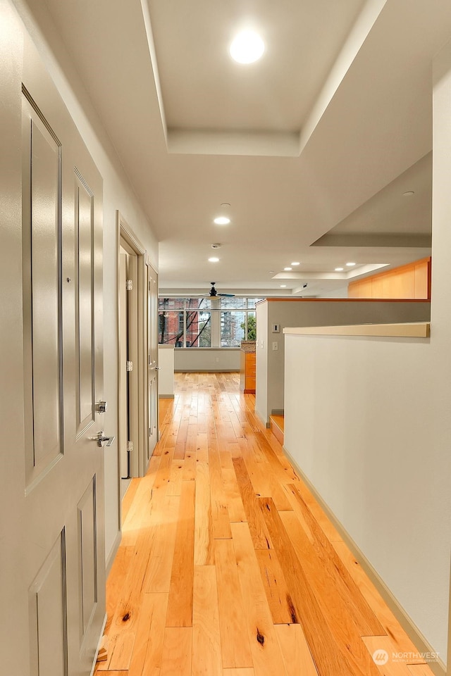 hallway featuring a raised ceiling and light hardwood / wood-style floors