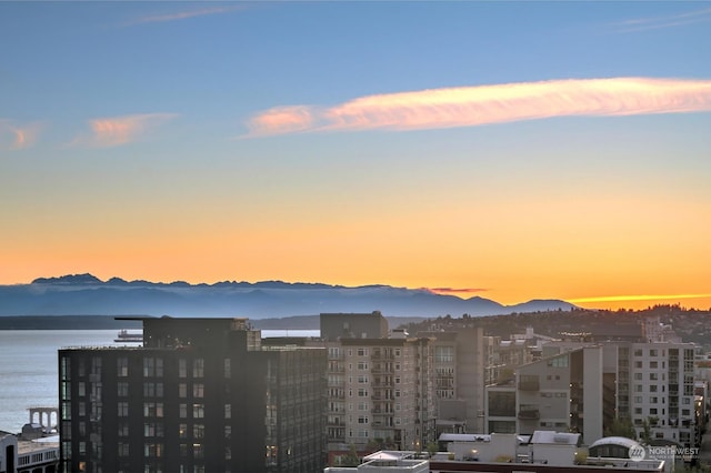 exterior space with a water and mountain view