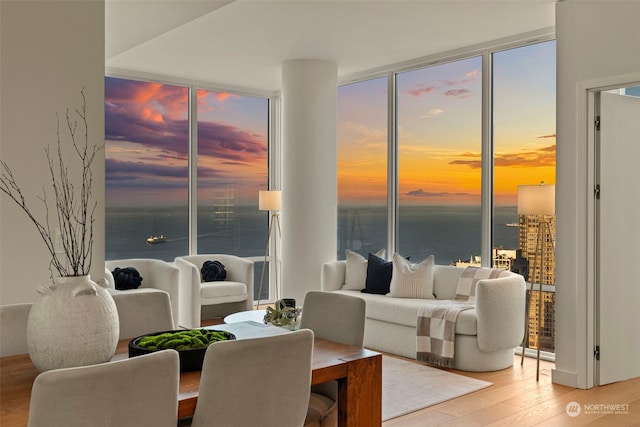 living room with expansive windows, light hardwood / wood-style floors, a water view, and a wealth of natural light