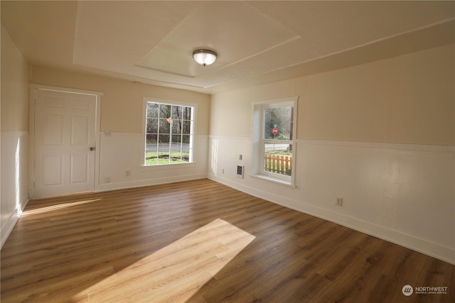 empty room with a raised ceiling and dark hardwood / wood-style flooring