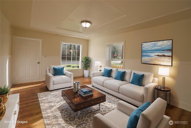 living room featuring dark hardwood / wood-style flooring and a tray ceiling