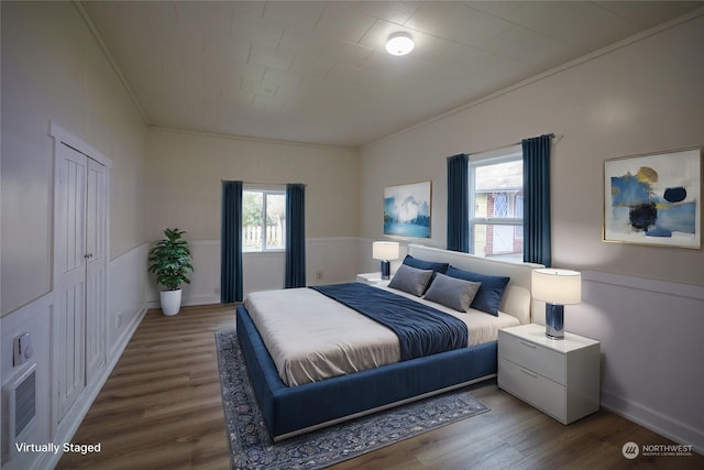 bedroom featuring multiple windows, wood-type flooring, and a closet