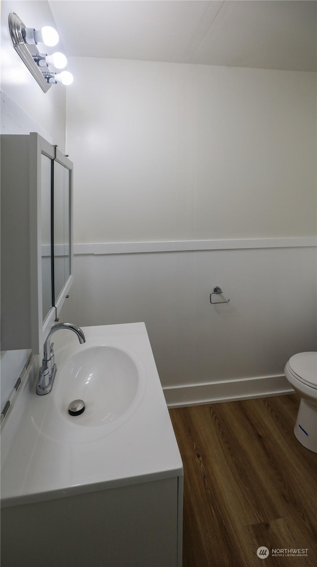 bathroom with vanity, hardwood / wood-style floors, and toilet