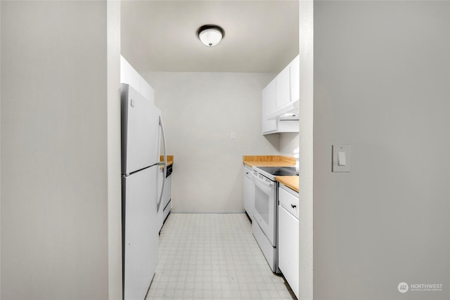 kitchen featuring white cabinets, white appliances, butcher block countertops, and range hood