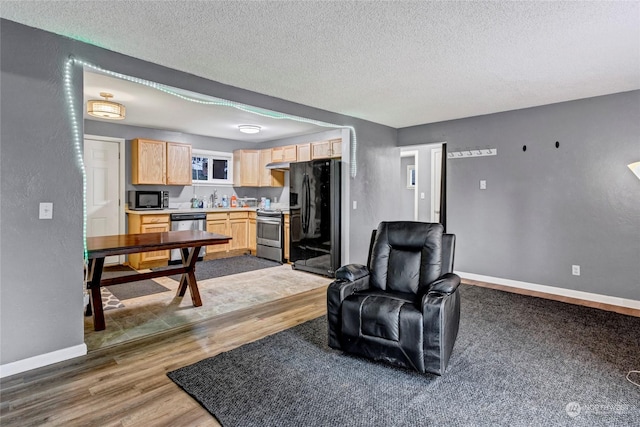 living room featuring hardwood / wood-style floors, sink, and a textured ceiling