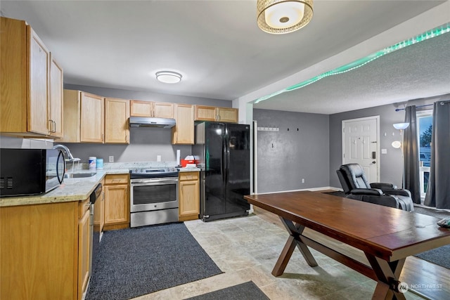 kitchen with light stone countertops, sink, light brown cabinets, and black appliances