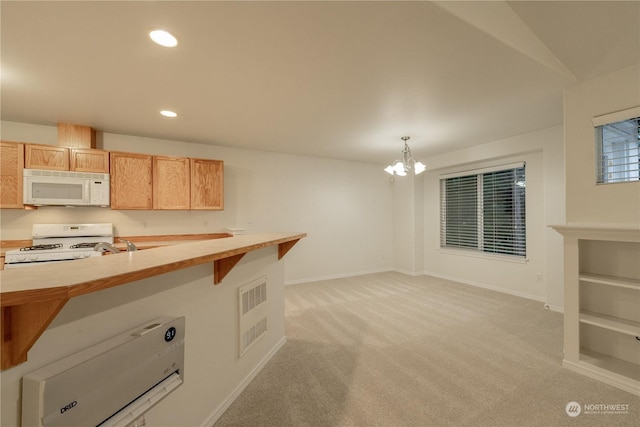 kitchen featuring hanging light fixtures, wood counters, a notable chandelier, light colored carpet, and white appliances