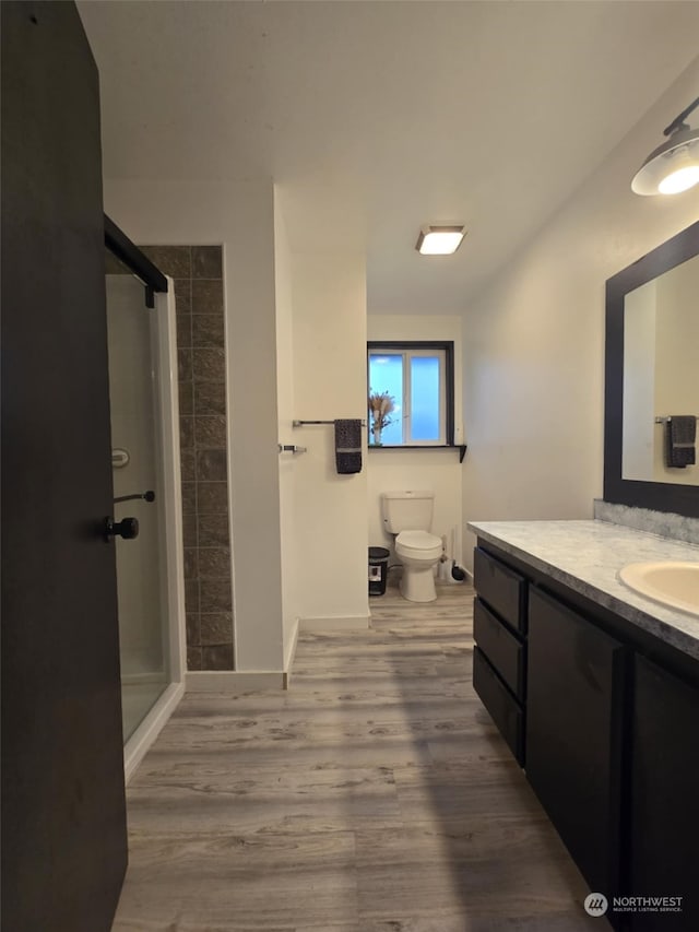 bathroom featuring hardwood / wood-style floors, vanity, toilet, and walk in shower