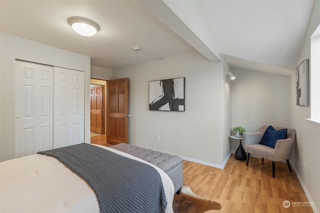 bedroom with light wood-type flooring and a closet