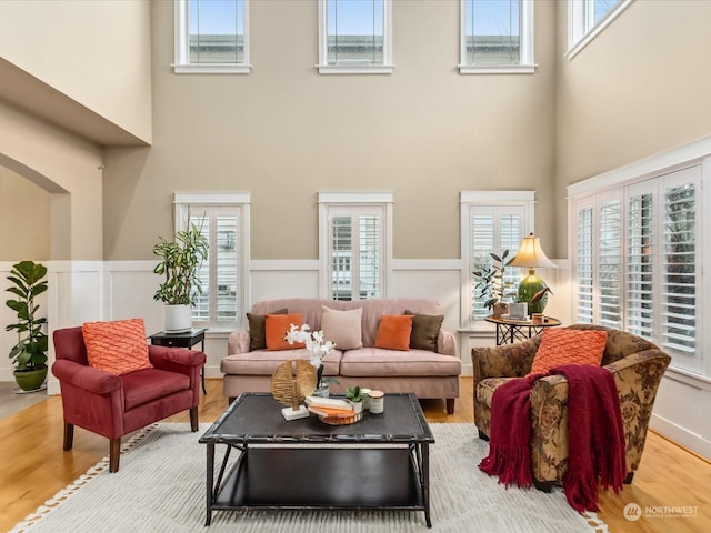 living room featuring a high ceiling, light hardwood / wood-style flooring, and plenty of natural light