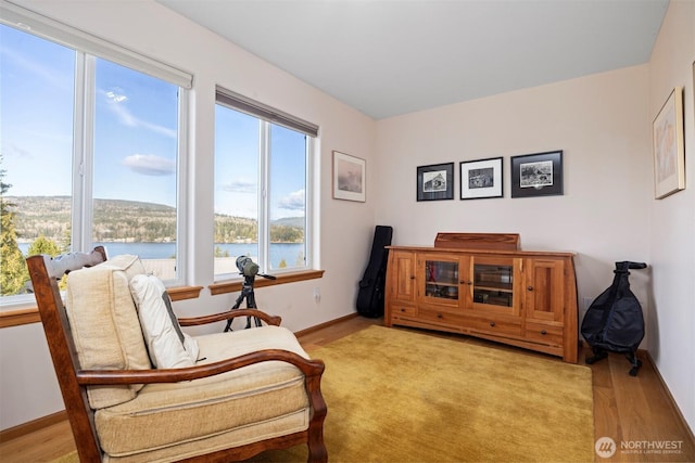 living area featuring wood finished floors, a water view, and baseboards