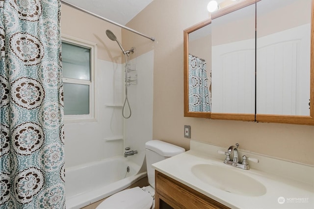 full bathroom with vanity, toilet, and shower / tub combo with curtain