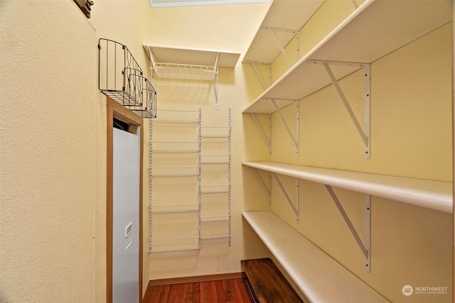 walk in closet featuring dark wood-type flooring