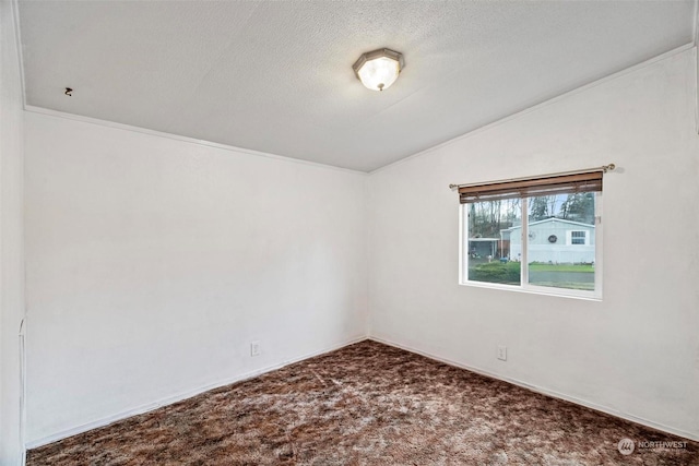 empty room featuring a textured ceiling, carpet, and lofted ceiling