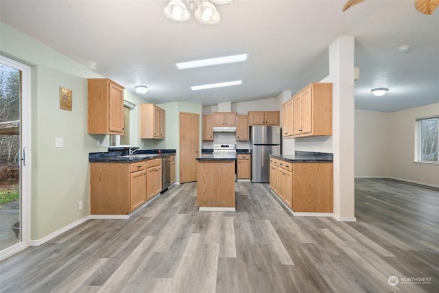 kitchen with appliances with stainless steel finishes, light brown cabinetry, light hardwood / wood-style floors, and a kitchen island