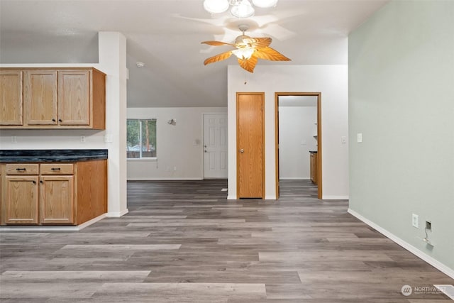 kitchen with ceiling fan and light wood-type flooring