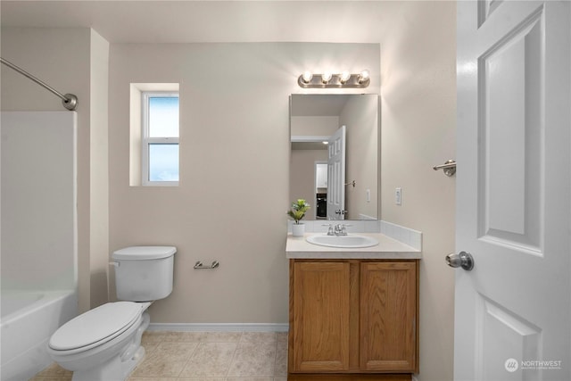 full bathroom with toilet, vanity, tile patterned floors, and shower / tub combination