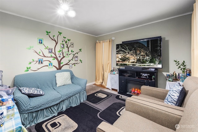 carpeted living room with ornamental molding