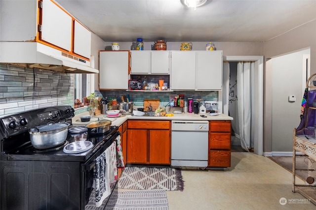 kitchen with decorative backsplash, white cabinetry, white dishwasher, and black range with electric cooktop