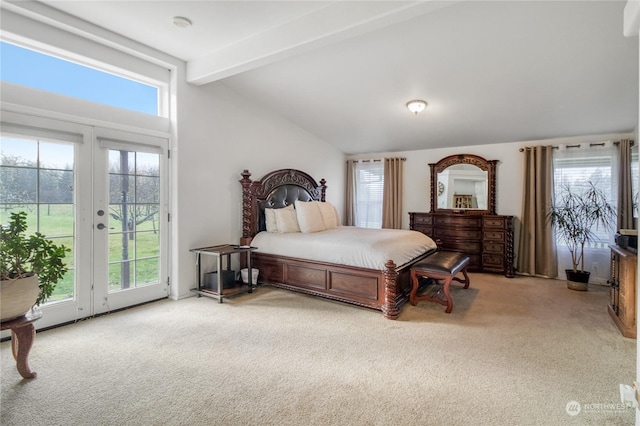 carpeted bedroom featuring vaulted ceiling with beams, french doors, and access to exterior