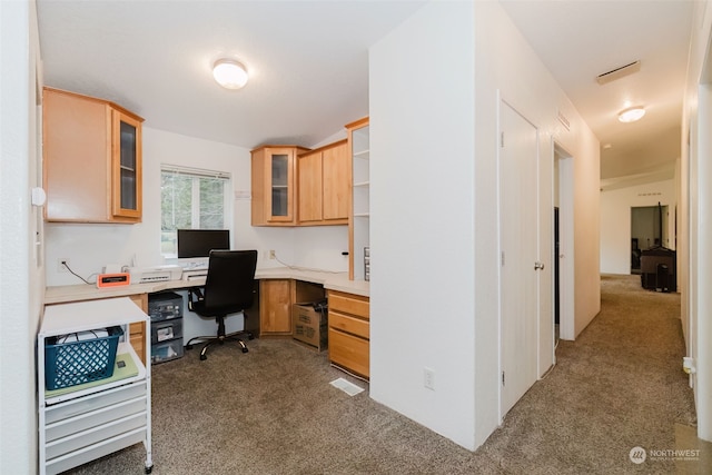 office area featuring carpet floors and built in desk