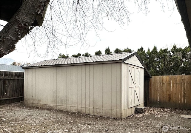 view of shed with a fenced backyard