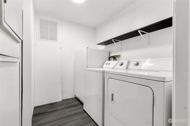 laundry room with independent washer and dryer and dark wood-type flooring