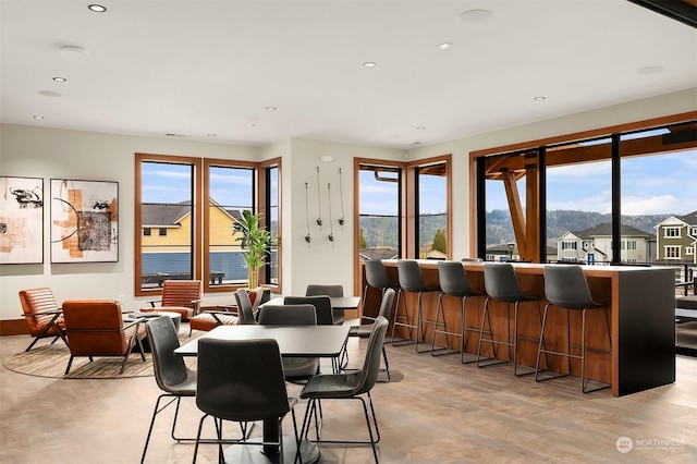 dining space featuring a mountain view and light hardwood / wood-style floors